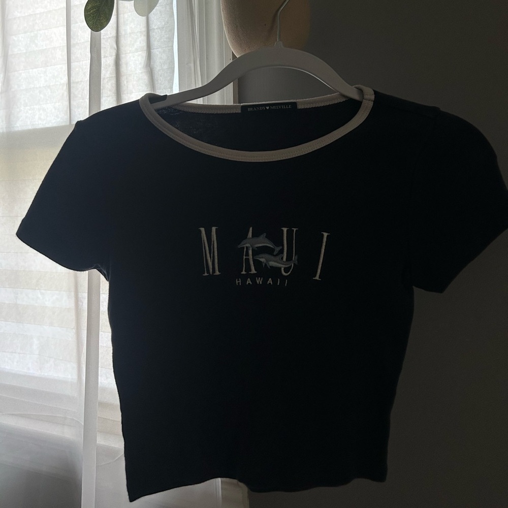 Brandy Melville Navy Blue and White Crop Graphic Tee